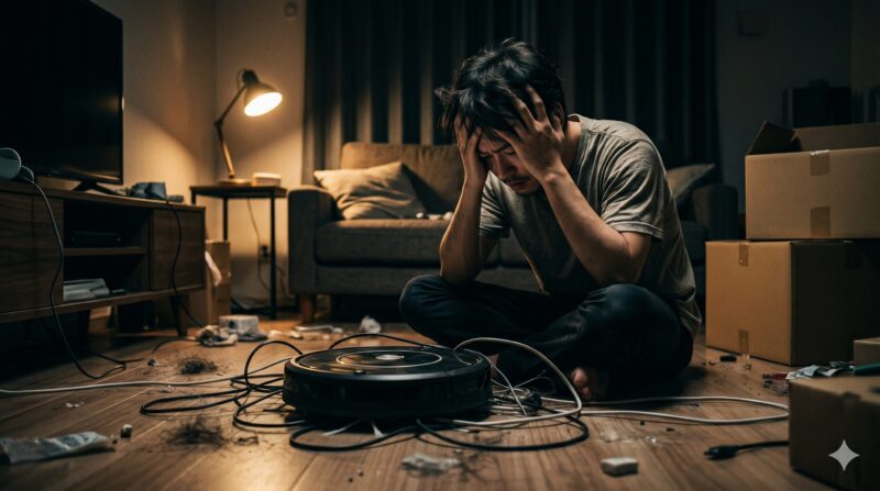 ロボット掃除機がコードとゴミに絡まってしまい、散らかった部屋で絶望して頭を抱える男性の姿。