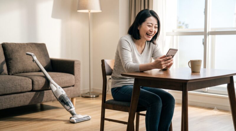 明るいリビングでスマホを見て笑顔の女性と、背後にあるコードレス掃除機