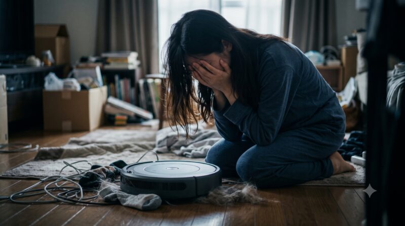 ロボット掃除機選びに失敗し、散らかった部屋で頭を抱えて激しく後悔している女性