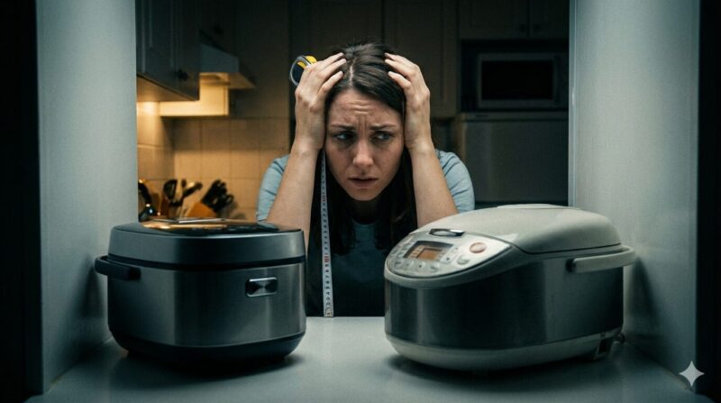 最新のホットクック新型と旧型のサイズ感の違いに悩み、キッチンの設置スペースで頭を抱える女性の比較イメージ