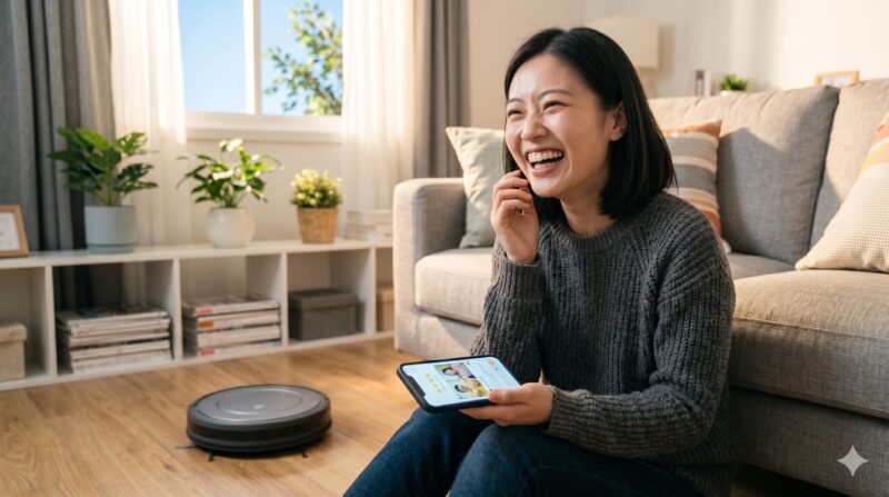 明るいリビングルームでスマートフォンを見て大笑いする笑顔の女性と、床に置かれたロボット掃除機。