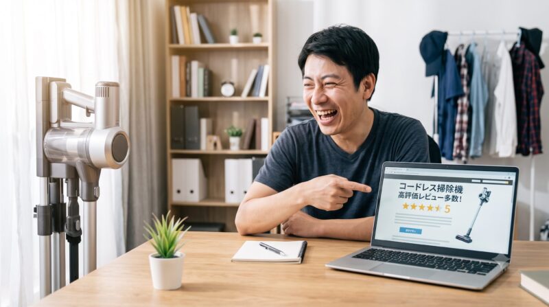 デスクでコードレス掃除機の高評価レビュー画面を指差して笑顔を見せる男性