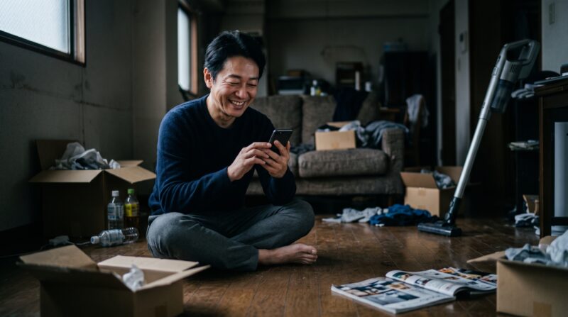 背景にコードレス掃除機 CL116D が立つ、散乱した部屋で、スマートフォンを見て心から笑顔を浮かべる男性。