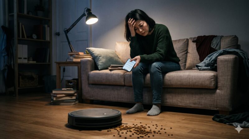 夜のリビングで、床に散乱したペットフードとロボット掃除機を前に頭を抱えて悩む女性。