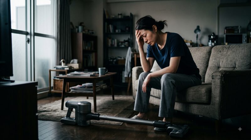 床に置かれたコードレス掃除機を前に、購入を後悔してソファで頭を抱えて悩む女性
