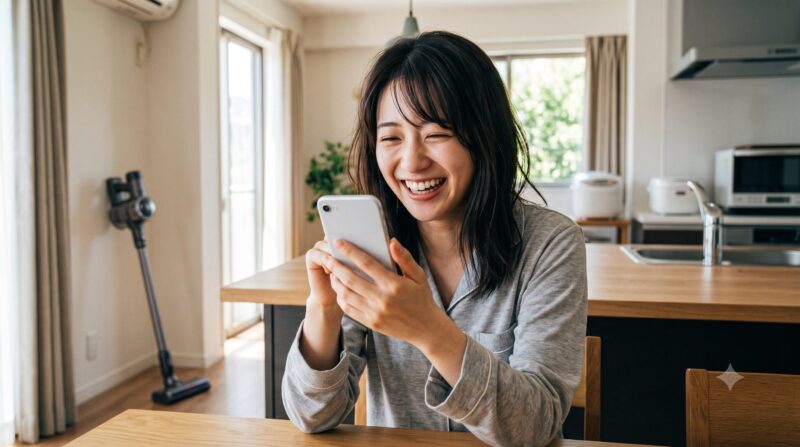 キッチンテーブルでスマートフォンを見て笑顔を見せる女性