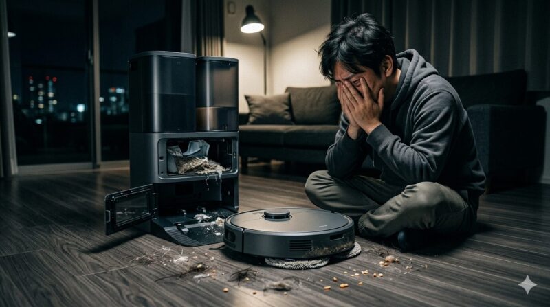 動かなくなった全自動ロボット掃除機と散らかった部屋を前に頭を抱えて絶望する男性