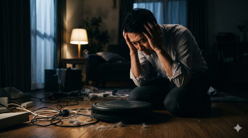 散乱したコードとホコリに絡まり動かなくなったロボット掃除機の前で絶望する日本人男性