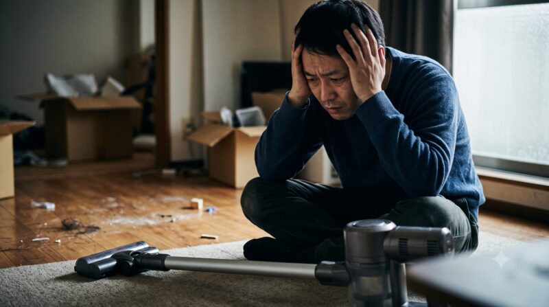 散らかった部屋でコードレス掃除機を前に頭を抱えて購入を後悔している男性