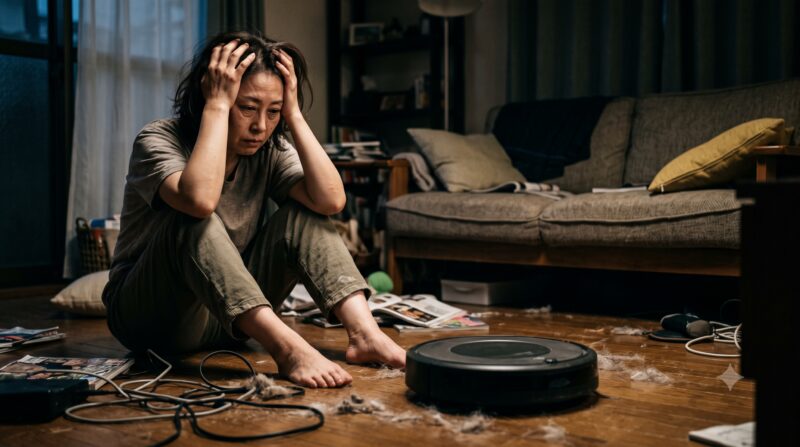 ロボット掃除機のデメリットに直面し、散らかった部屋で頭を抱えて後悔している女性。