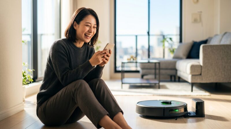 明るいリビングの床に座り、ロボット掃除機の横でスマートフォンを見ながら笑顔で笑っている女性。