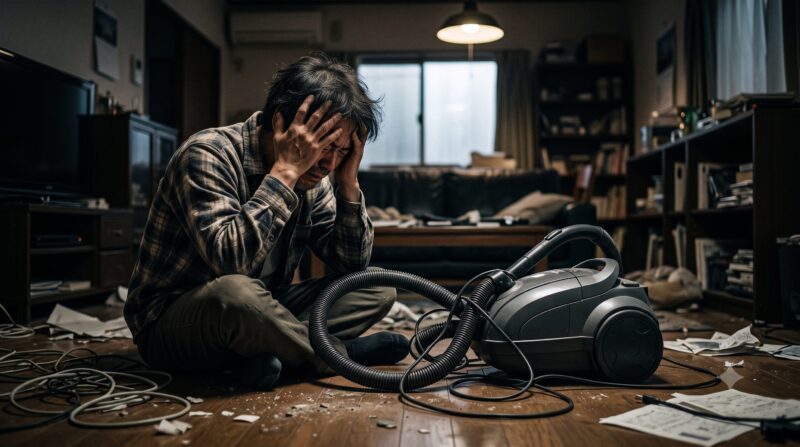 散らかった部屋でキャニスター掃除機を前に頭を抱えて後悔している男性。
