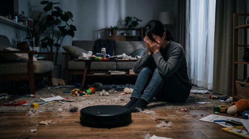 散らかった部屋でRoborockロボット掃除機を前に後悔し、絶望する日本人女性のドラマチックな写真。
