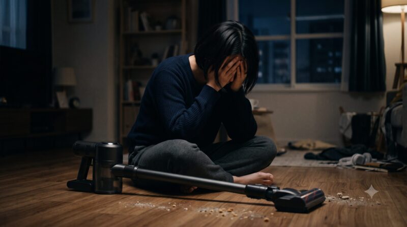 薄暗いリビングの床でコードレス掃除機を前に頭を抱えて後悔している女性の姿。