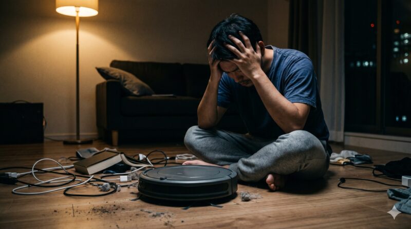 コードとゴミの中で立ち往生するロボット掃除機を前に、絶望的な表情で頭を抱える男性。