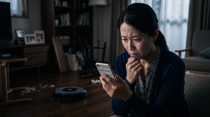 薄暗い部屋で水拭きロボット掃除機のFAQや口コミをスマホで調べ、不安そうに悩む女性の様子。