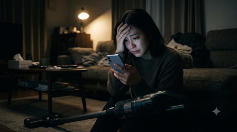 薄暗いリビングでスマホを見て、掃除機を前に絶望している日本人女性。
