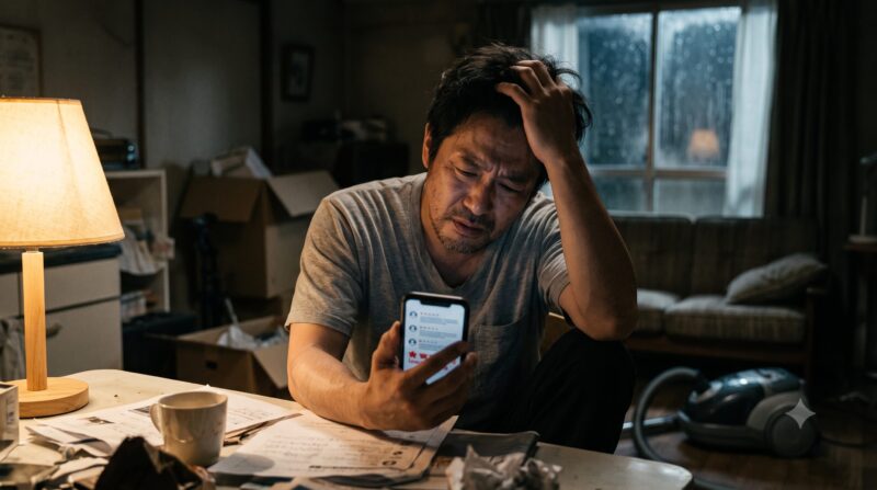 薄暗い部屋で、スマホで掃除機の評判を見て後悔し、頭を抱える男性。床には掃除機が置かれている。