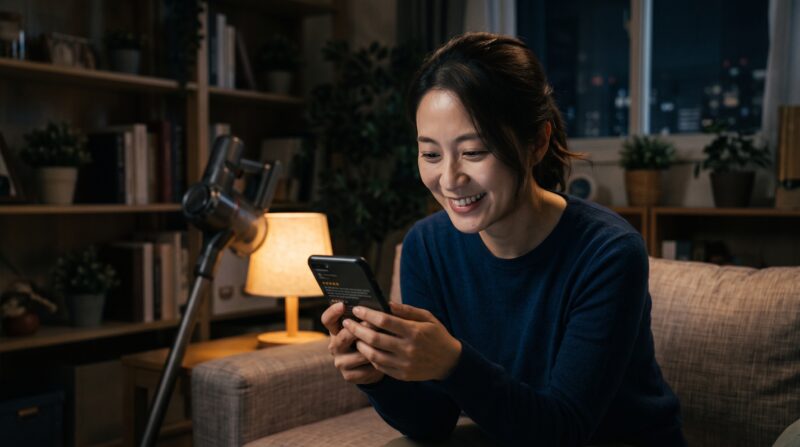 CL287FDの口コミを見て笑顔で喜ぶ、夜のリビングに座る日本人女性