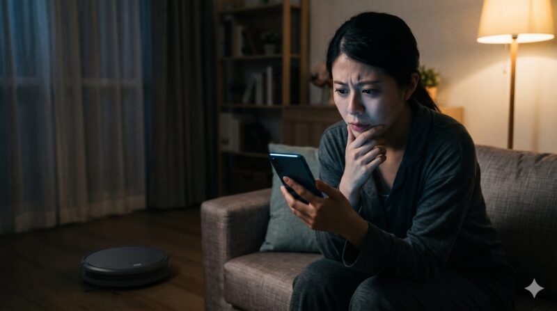 夜、リビングのソファでスマートフォンを手に、深刻な表情で悩む女性と、床に置かれたロボット掃除機。