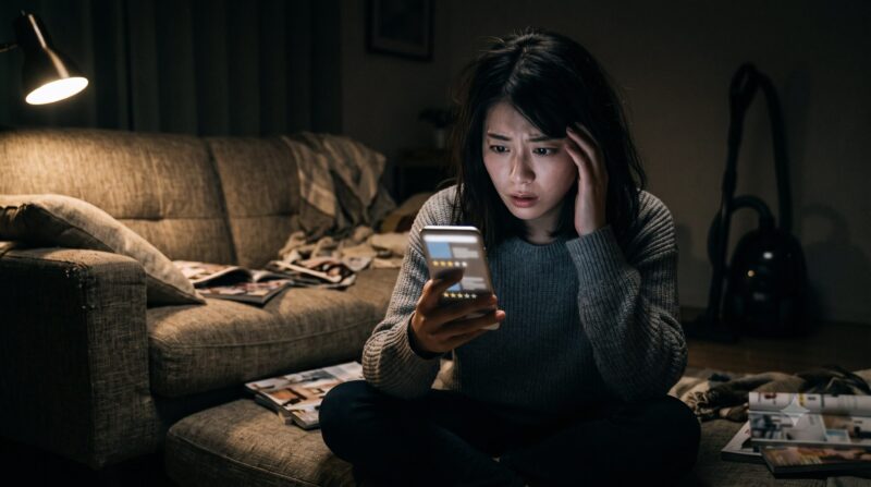 夜のリビングでスマートフォンを見つめ、掃除機の悪い口コミにショックを受ける女性。