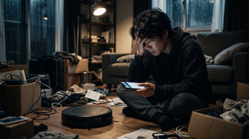 散乱したリビングでロボット掃除機とスマホを前に悩む男性