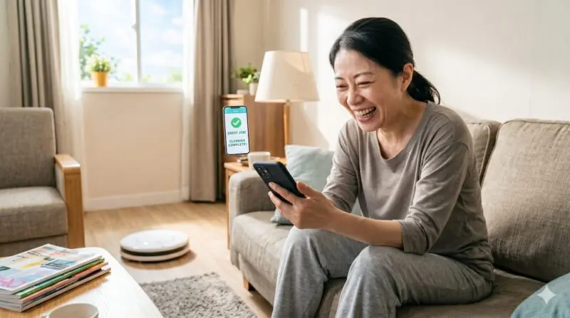 明るいリビングのソファに座りスマホでロボット掃除機の良い口コミや評判を見て笑顔になっている女性。