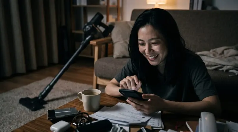 LC800Jの口コミを見て笑顔で満足する女性(コードレス掃除機)