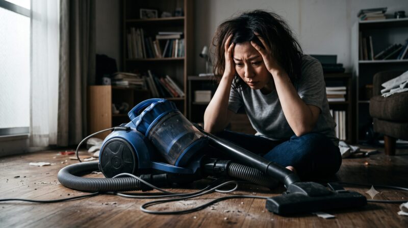 サイクロン式キャニスター掃除機を前に頭を抱えてデメリットや後悔に悩む女性の様子。