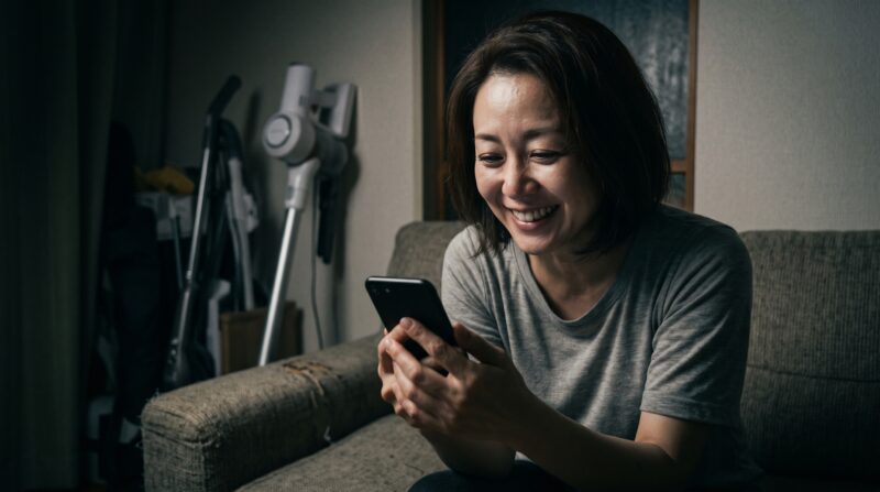 ソファでスマホを見て満面の笑みを浮かべる日本人女性