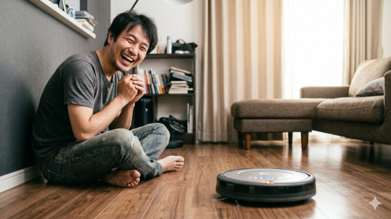 リビングルームの床に座り、動き出したロボット掃除機に向かって満面の笑みで手を組む日本人男性。