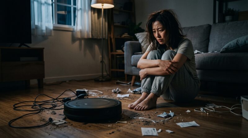 悪い口コミから判明したロボット掃除機のデメリットにより、掃除が捗らず絶望する女性の様子