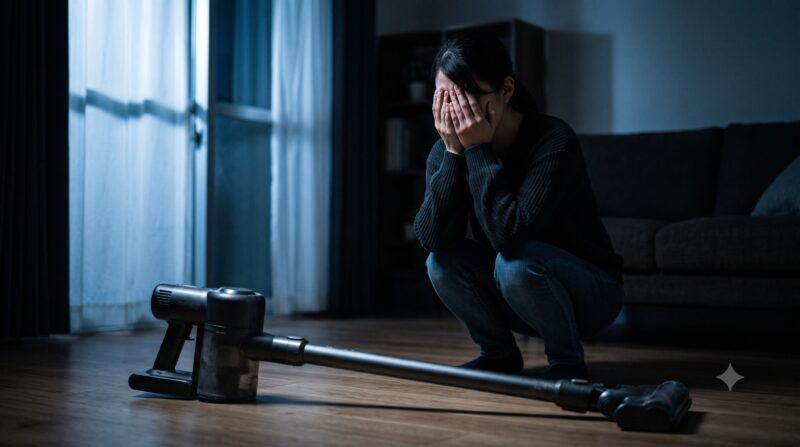 暗い部屋で床に置かれたコードレス掃除機の前でしゃがみ込み頭を抱えて後悔している女性
