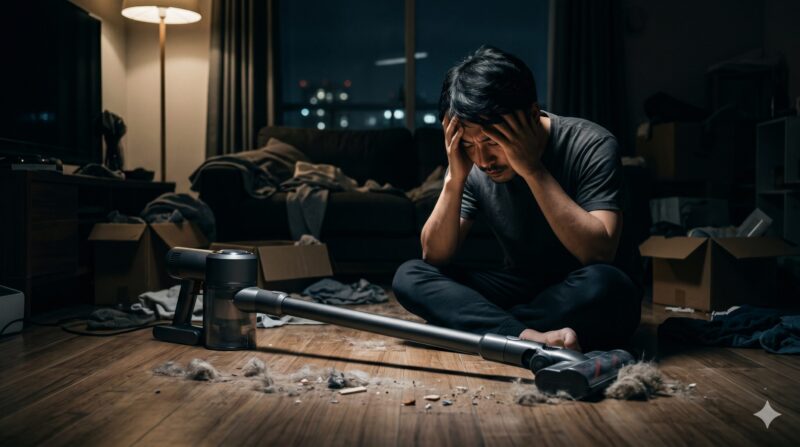 夜のリビングで、床に散らばるゴミとコードレス掃除機を前に頭を抱えて悩む男性。