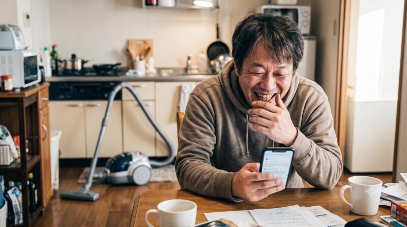 自宅のキッチンで掃除機を背景に、スマートフォンを見て笑顔で笑う男性