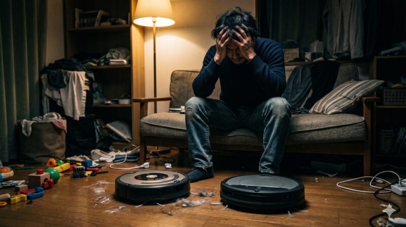 散らかった部屋で2台のロボット掃除機を前にしてどちらを選ぶべきか頭を抱えて悩む男性。