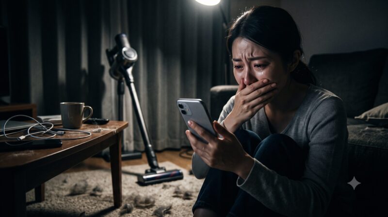 夜の薄暗い部屋で、コードレス掃除機の評判をスマホで見て泣き崩れる絶望した日本人女性。