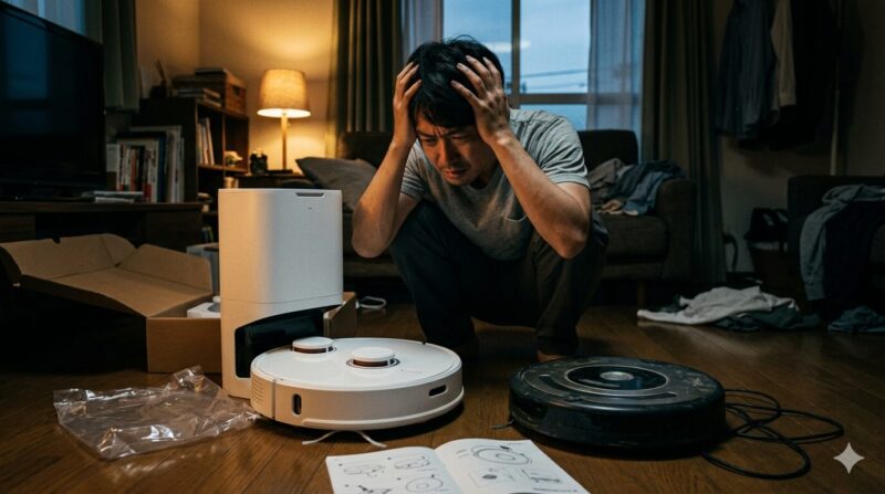 説明書とロボット掃除機を前に選び方に悩み頭を抱える男性（2026年最新ロボット掃除機の人気メーカー比較と失敗しない選び方用イメージ）