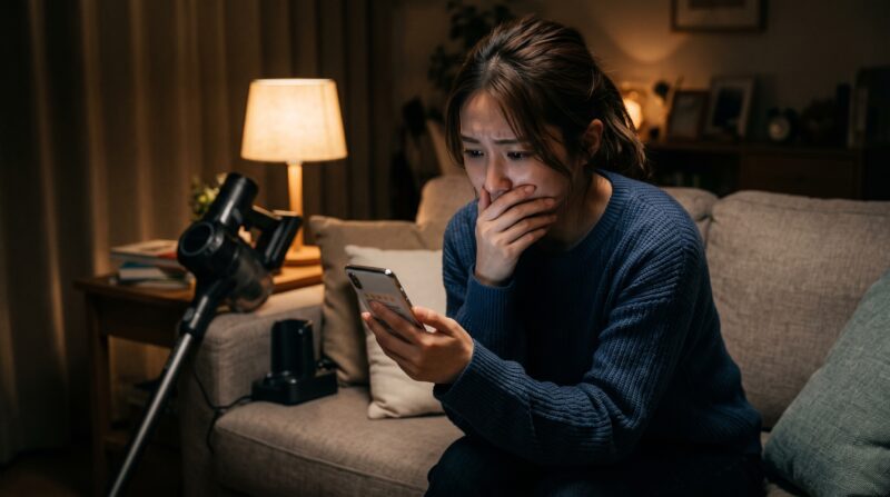 掃除機の口コミをスマホで調べて不安そうに悩む女性