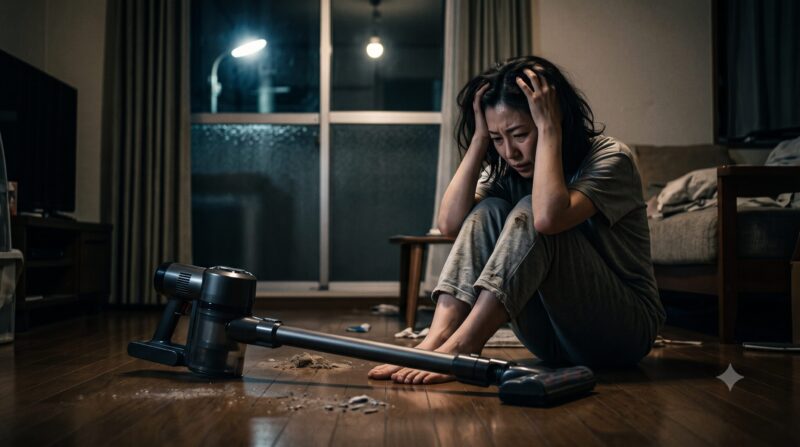 埃の散乱した部屋で、掃除機を前に頭を抱えて絶望する日本人女性