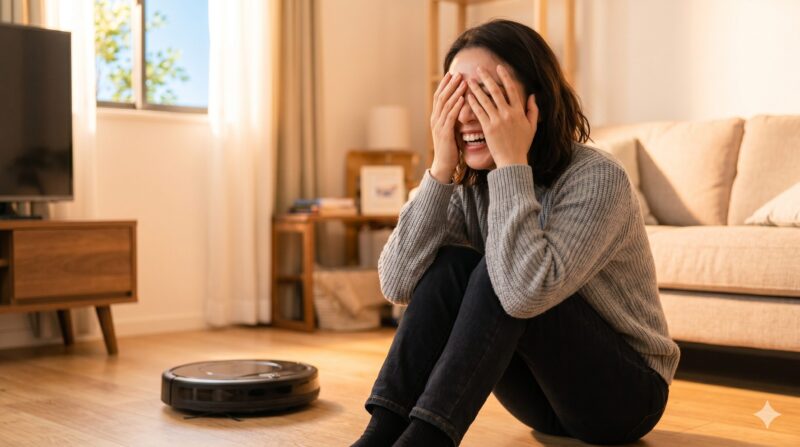 リビングルームの床に座り、顔を覆って落ち込む女性とロボット掃除機