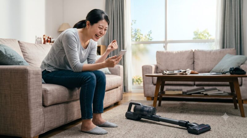 リビングのソファに座り、スマートフォンを見て嬉しそうに笑顔で拳を突き上げる日本人女性と床のコードレス掃除機。