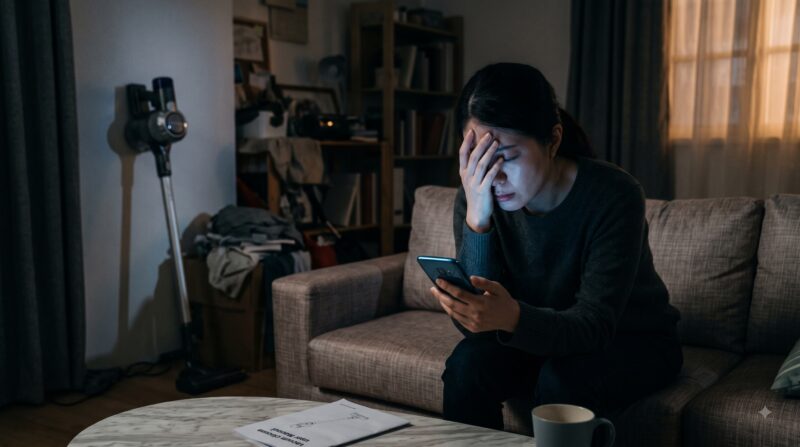 スマホで掃除機の悪い口コミや評判を調べて頭を抱えて悩む女性