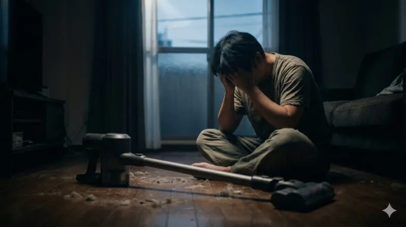 コードレス掃除機の購入を後悔し、薄暗い部屋の床で頭を抱え込んで絶望する男性。