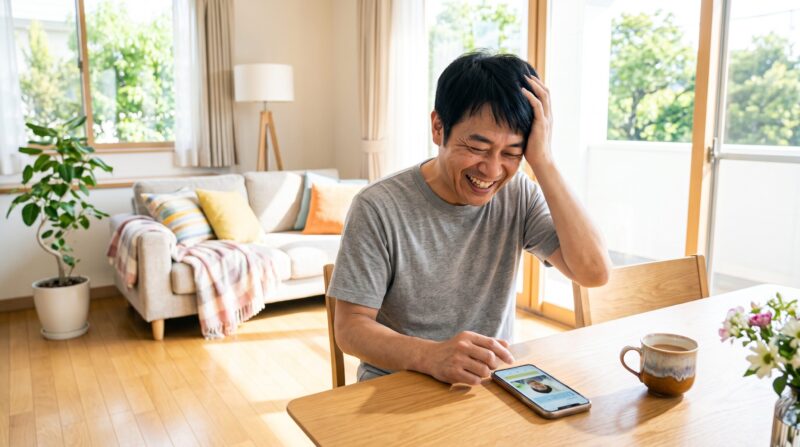 明るい自宅のリビングで、スマートフォンを見て満面の笑みを浮かべる日本人男性。