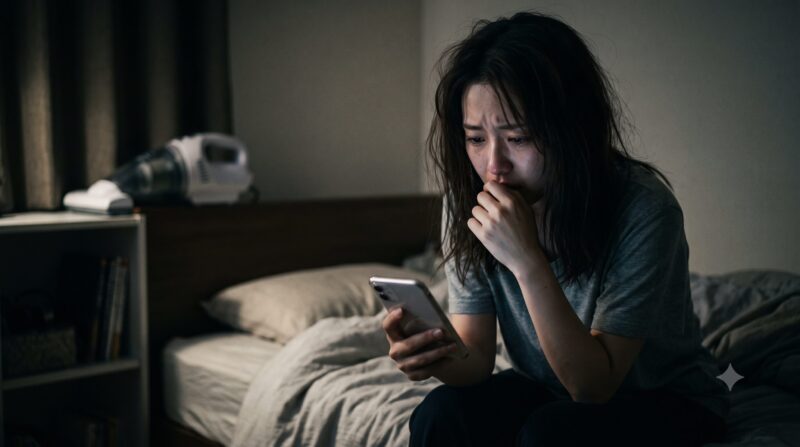 薄暗い部屋のベッドでスマホを使って布団クリーナーの口コミや評判を調べ、絶望している女性。
