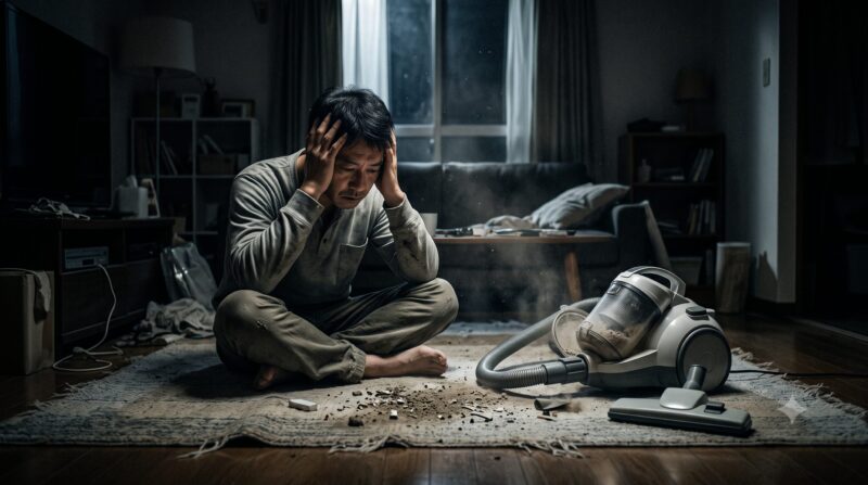 薄暗い部屋で、掃除機から溢れた埃とゴミを前に、頭を抱えて後悔する男性。