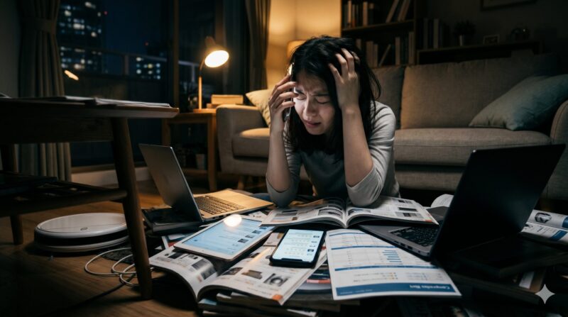 夜のリビングで、散乱した書類や複数のPCに囲まれ、頭を抱えて悩む女性。