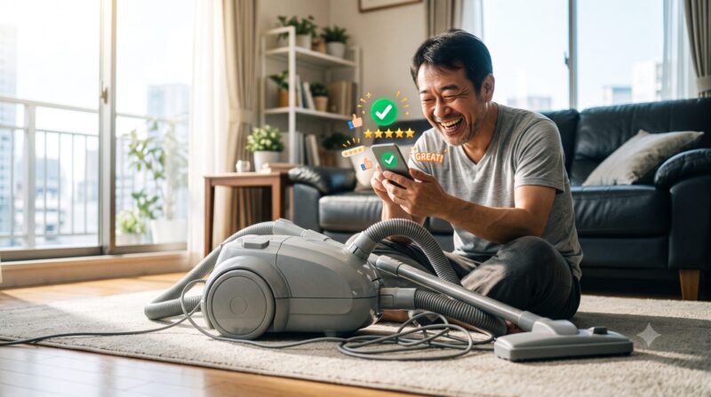 明るいリビングで、掃除機の高評価をスマートフォンで確認し、笑顔で喜ぶ中年男性。