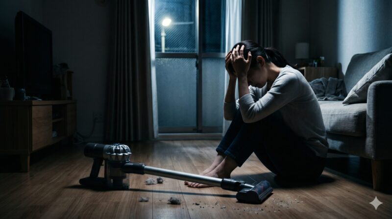 夜の暗いリビングルームで、床に散乱した埃とコードレス掃除機を前に頭を抱えて絶望する女性の姿。